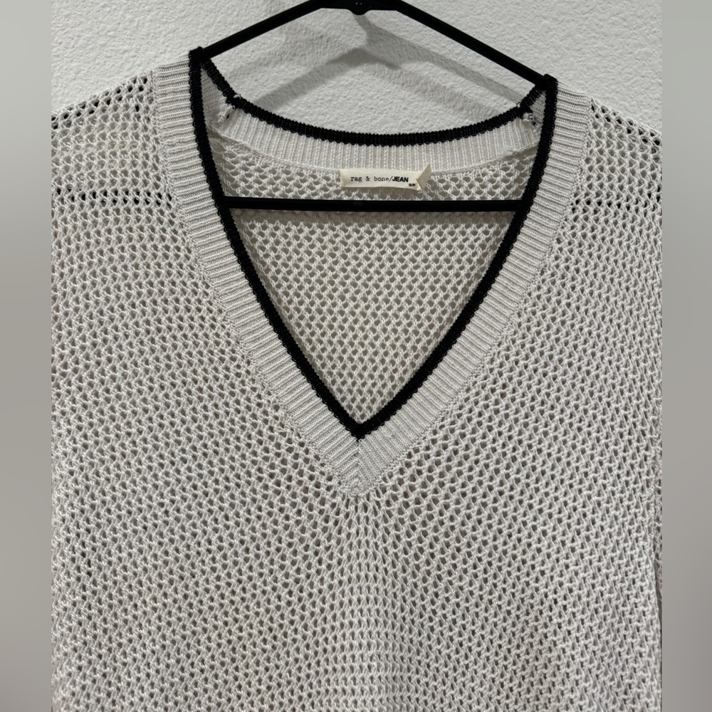 Rag & Bone Elizabeth Open Knit V Neck White Black Contrast Sweater Size Small - Picture 5 of 16